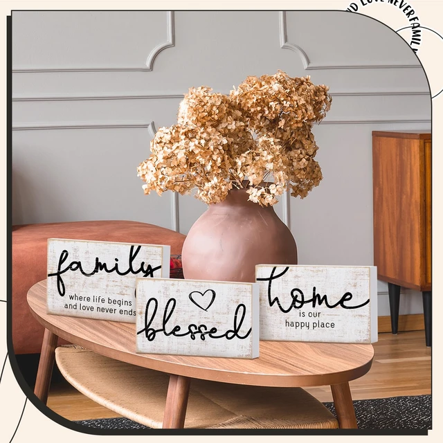 Alt view image 3 of 6 - Mini Wooden Sign Farmhouse Shelf,Retro Color,4.25 x 2.76 x 0.59 in | Wood Signs with Family Home Blessed Sayings, Distressed Finish, Freestanding or Wall Mount, Shelf Decor for Bedroom Kitchen