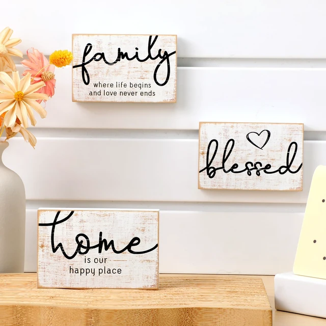 Alt view image 5 of 6 - Mini Wooden Sign Farmhouse Shelf,Retro Color,4.25 x 2.76 x 0.59 in | Wood Signs with Family Home Blessed Sayings, Distressed Finish, Freestanding or Wall Mount, Shelf Decor for Bedroom Kitchen