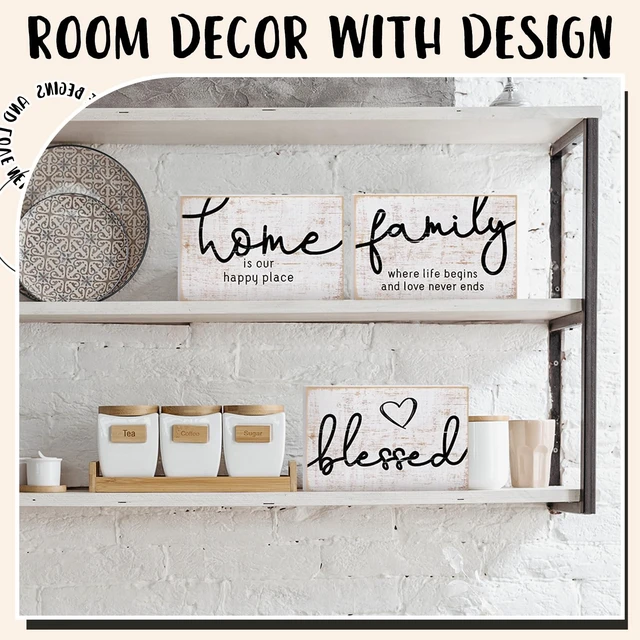Alt view image 6 of 6 - Mini Wooden Sign Farmhouse Shelf,Retro Color,4.25 x 2.76 x 0.59 in | Wood Signs with Family Home Blessed Sayings, Distressed Finish, Freestanding or Wall Mount, Shelf Decor for Bedroom Kitchen
