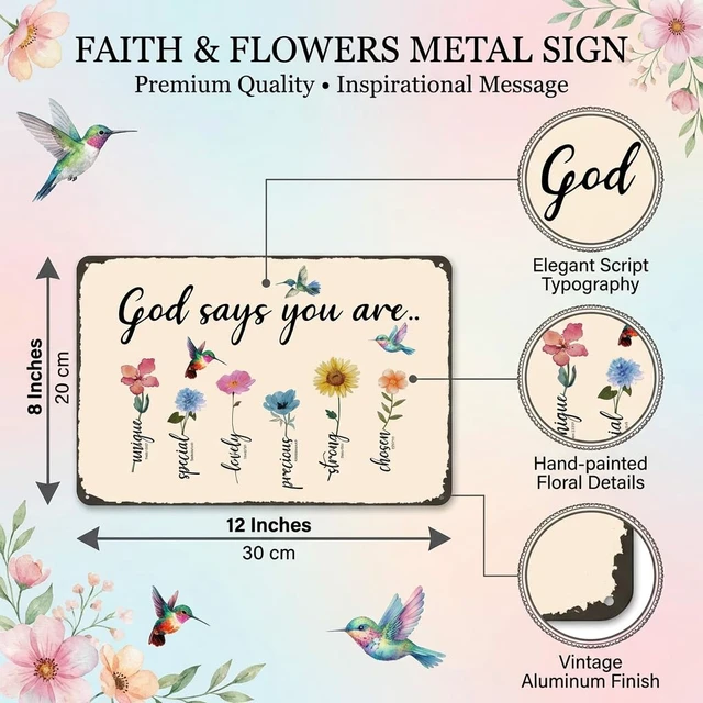 Alt view image 2 of 7 - God Says You Are Amazing Garden Tin Sign 8x12 Inch | Vintage Christian Bible Verse Bird Flowers Home Patio Yard Decor for Gardening Gifts