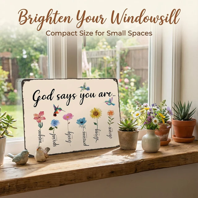 Alt view image 6 of 7 - God Says You Are Amazing Garden Tin Sign 8x12 Inch | Vintage Christian Bible Verse Bird Flowers Home Patio Yard Decor for Gardening Gifts