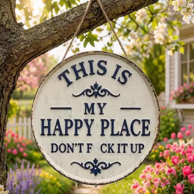 Main image of 12 * 12in Funny Garden Metal Sign,This Is My Happy Place Don'T F It Up | Round Vintage Wall Decor, Rustic Farmhouse Hanging Plaque with Bold Humor for Home Office Porch Bar Cabin