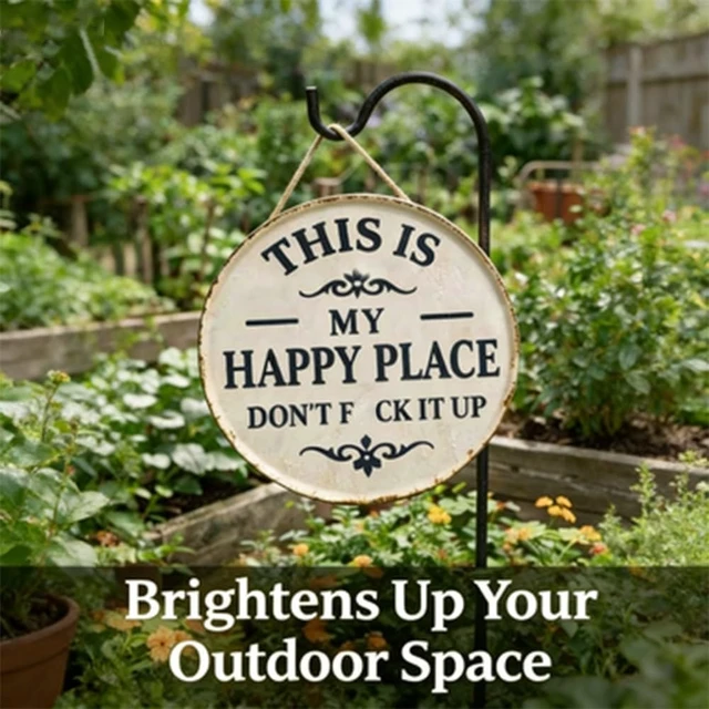 Alt view image 4 of 6 - 12 * 12in Funny Garden Metal Sign,This Is My Happy Place Don'T F It Up | Round Vintage Wall Decor, Rustic Farmhouse Hanging Plaque with Bold Humor for Home Office Porch Bar Cabin