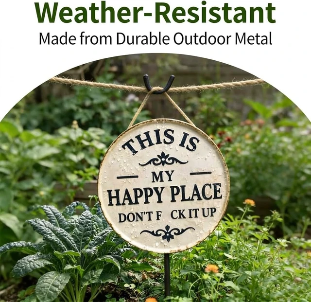 Alt view image 3 of 6 - 12 * 12in Funny Garden Metal Sign,This Is My Happy Place Don'T F It Up | Round Vintage Wall Decor, Rustic Farmhouse Hanging Plaque with Bold Humor for Home Office Porch Bar Cabin