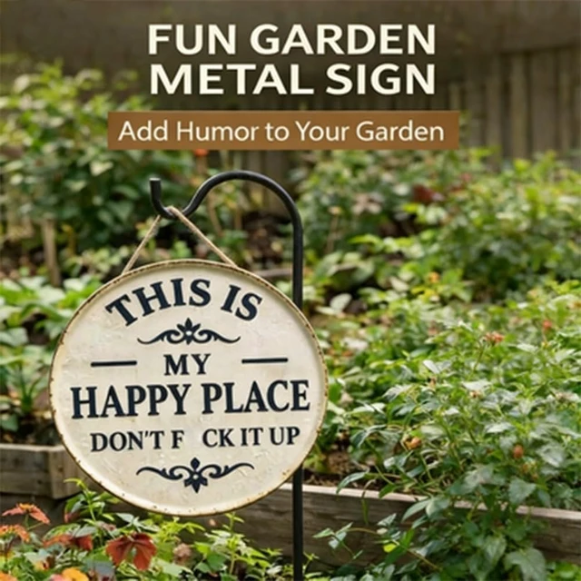 Alt view image 2 of 6 - 12 * 12in Funny Garden Metal Sign,This Is My Happy Place Don'T F It Up | Round Vintage Wall Decor, Rustic Farmhouse Hanging Plaque with Bold Humor for Home Office Porch Bar Cabin