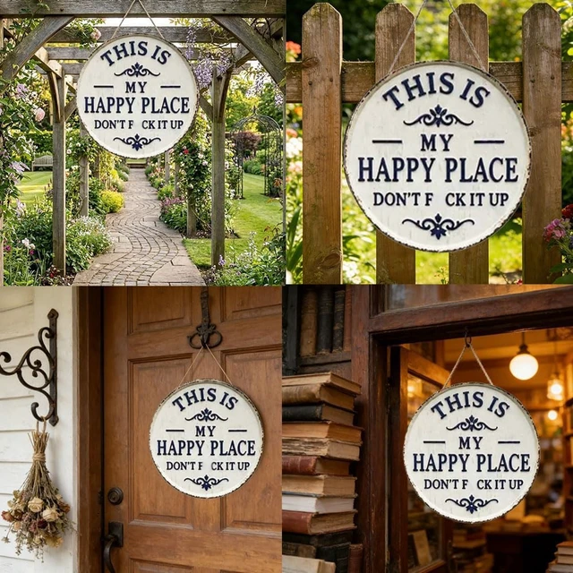 Alt view image 5 of 6 - 12 * 12in Funny Garden Metal Sign,This Is My Happy Place Don'T F It Up | Round Vintage Wall Decor, Rustic Farmhouse Hanging Plaque with Bold Humor for Home Office Porch Bar Cabin
