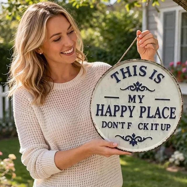 Alt view image 6 of 6 - 12 * 12in Funny Garden Metal Sign,This Is My Happy Place Don'T F It Up | Round Vintage Wall Decor, Rustic Farmhouse Hanging Plaque with Bold Humor for Home Office Porch Bar Cabin