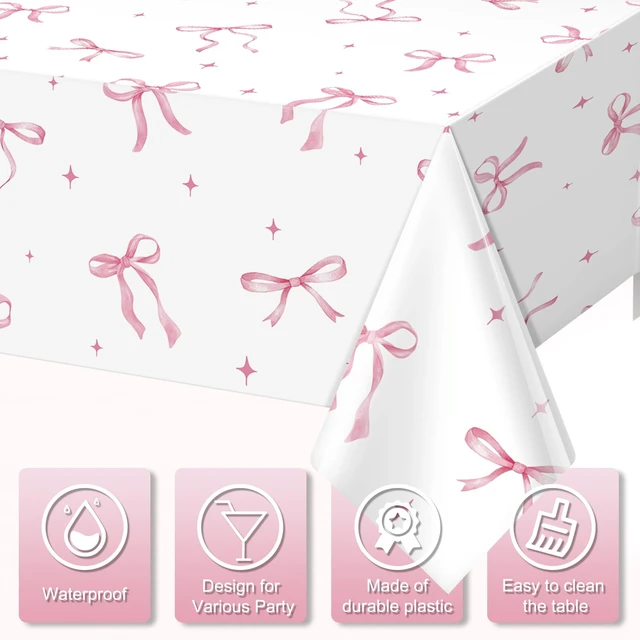 Alt view image 3 of 7 - 3Pcs Coquette Party Tablecloths Decorations,Pink Bow Plastic Table Cover Disposable Rectangle Table Cloth for Girls Birthday Bridal Wedding Party Supplies,54x108 Inch