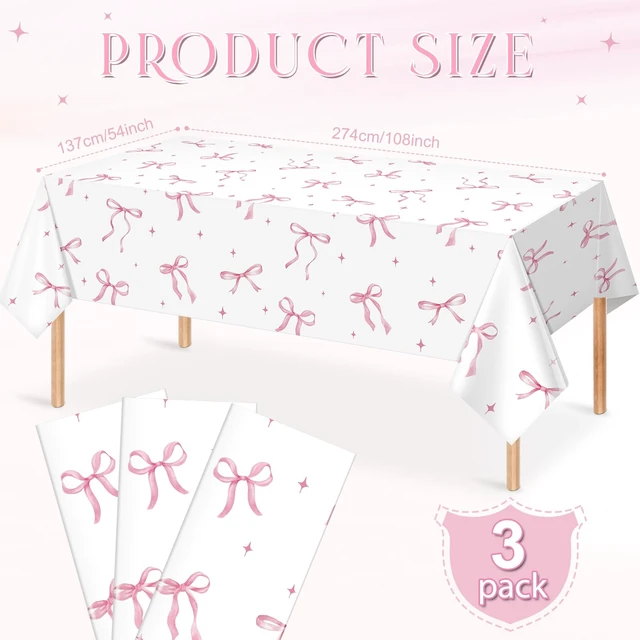 Alt view image 2 of 7 - 3Pcs Coquette Party Tablecloths Decorations,Pink Bow Plastic Table Cover Disposable Rectangle Table Cloth for Girls Birthday Bridal Wedding Party Supplies,54x108 Inch