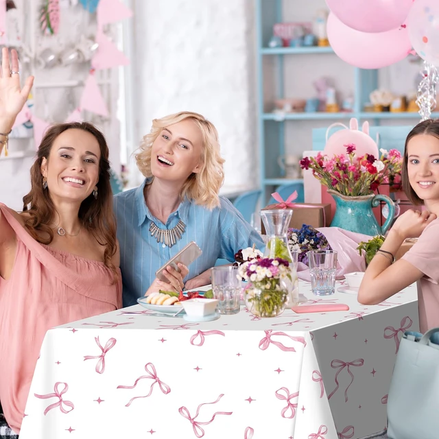 Alt view image 5 of 7 - 3Pcs Coquette Party Tablecloths Decorations,Pink Bow Plastic Table Cover Disposable Rectangle Table Cloth for Girls Birthday Bridal Wedding Party Supplies,54x108 Inch