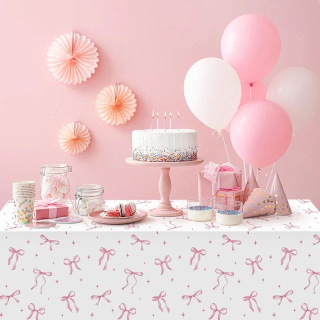 Alt view image 4 of 7 - 3Pcs Coquette Party Tablecloths Decorations,Pink Bow Plastic Table Cover Disposable Rectangle Table Cloth for Girls Birthday Bridal Wedding Party Supplies,54x108 Inch