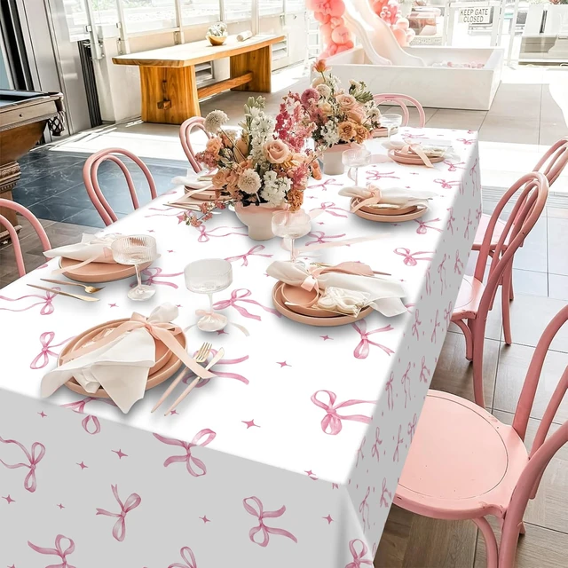 Alt view image 6 of 7 - 3Pcs Coquette Party Tablecloths Decorations,Pink Bow Plastic Table Cover Disposable Rectangle Table Cloth for Girls Birthday Bridal Wedding Party Supplies,54x108 Inch