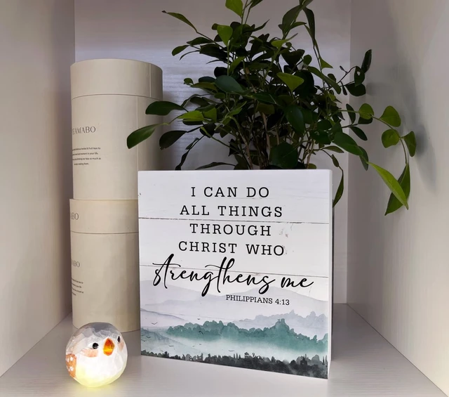 Alt view image 4 of 5 - Christian Wood Signs, Bible Verse Philippians 4:13 - I Can Do All Things Through Christ Who Strengthens Me, Box Sign Decor Tabletop, Inspirational Home Desk Decor, Motivational Gift for Friends Family