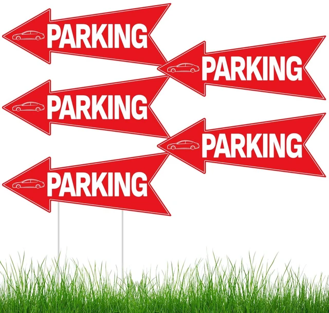 Main image of 5pcs Arrow Parking Signs with Stake 14.4"x5.5" Double Sided | Outside Parking Sign Waterproof Corrugated Directional Parking Lot Sign for Outdoor Yard Street Garage Party Guest Parking