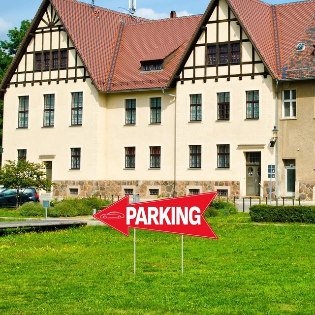 Alt view image 2 of 7 - 5pcs Arrow Parking Signs with Stake 14.4"x5.5" Double Sided | Outside Parking Sign Waterproof Corrugated Directional Parking Lot Sign for Outdoor Yard Street Garage Party Guest Parking