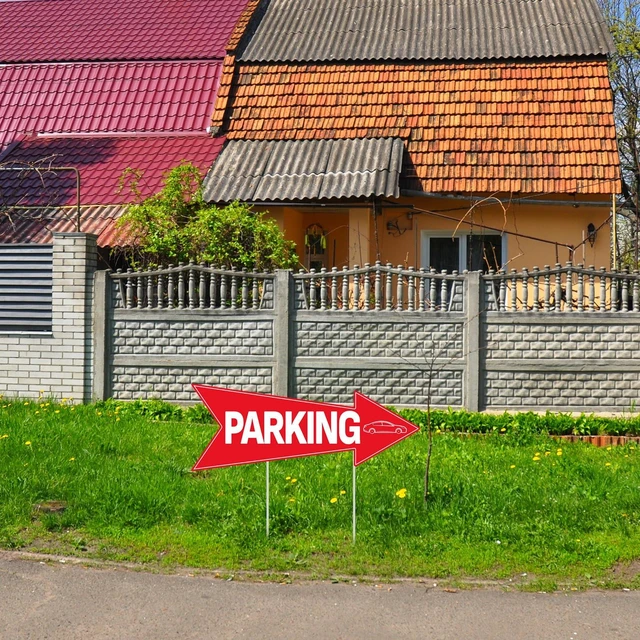 Alt view image 3 of 7 - 5pcs Arrow Parking Signs with Stake 14.4"x5.5" Double Sided | Outside Parking Sign Waterproof Corrugated Directional Parking Lot Sign for Outdoor Yard Street Garage Party Guest Parking