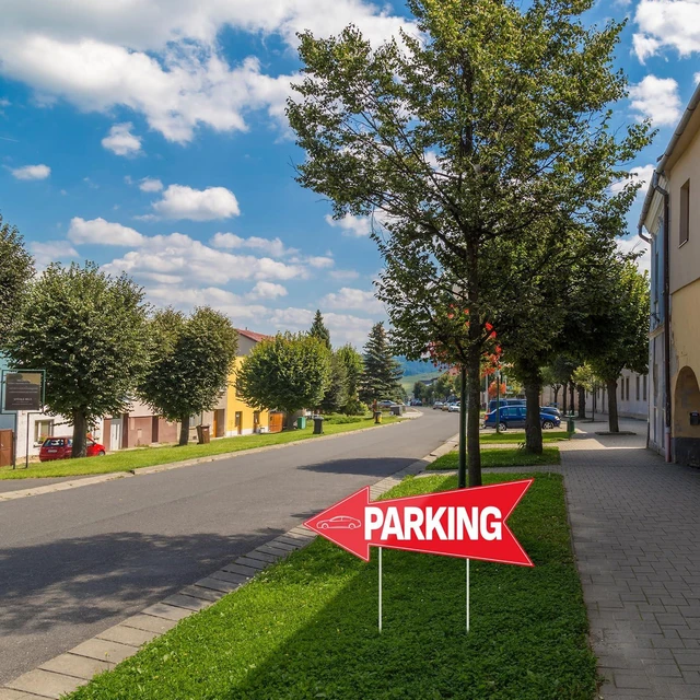 Alt view image 6 of 7 - 5pcs Arrow Parking Signs with Stake 14.4"x5.5" Double Sided | Outside Parking Sign Waterproof Corrugated Directional Parking Lot Sign for Outdoor Yard Street Garage Party Guest Parking