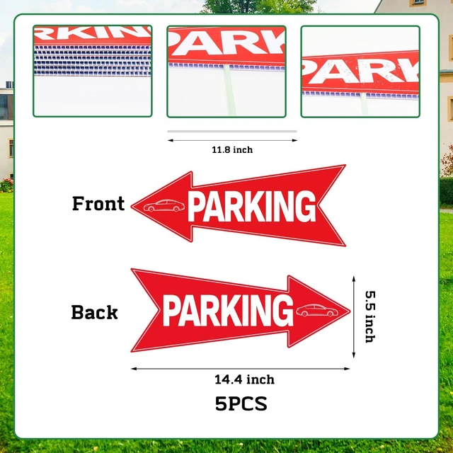 Alt view image 7 of 7 - 5pcs Arrow Parking Signs with Stake 14.4"x5.5" Double Sided | Outside Parking Sign Waterproof Corrugated Directional Parking Lot Sign for Outdoor Yard Street Garage Party Guest Parking