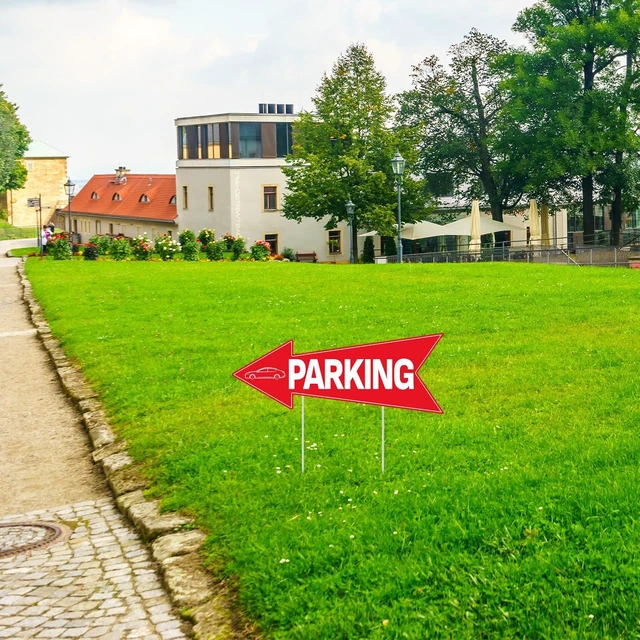 Alt view image 5 of 7 - 5pcs Arrow Parking Signs with Stake 14.4"x5.5" Double Sided | Outside Parking Sign Waterproof Corrugated Directional Parking Lot Sign for Outdoor Yard Street Garage Party Guest Parking