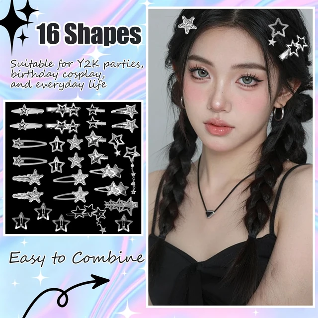 Alt view image 3 of 7 - Y2K Silver Star Hair Clips, 30 Pcs Multi Shape Barrettes for Women Girls | 16 assorted star shapes, non-slip metal hairpins, classic 2000s Y2K aesthetic, kawaii hair clips for daily & party hairstyles