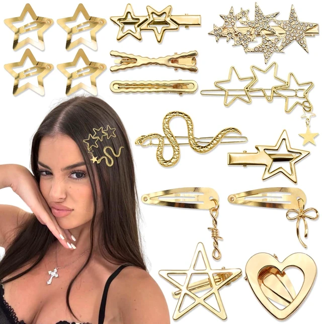Main image of 15Pcs Gold Snake Star Hair Clips Y2k Snap Hair Barrettes for Women Water Drop Non Slip Hair Pins Christmas Metal Heart Clips for Hair Cute Cool Y2k 2000s Accessories for Girls
