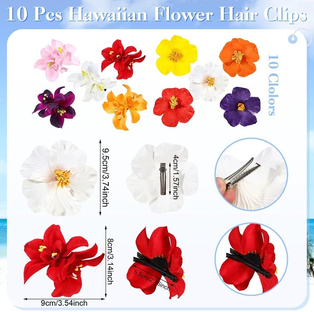 Alt view image 2 of 7 - 10 Pcs Hawaiian Flower Hair Clips for Women, Plumeria Hibiscus Hair Clips, Artificial Flower Clips 3.5 Inch Hair Accessories for Vacation Party Beach Seaside