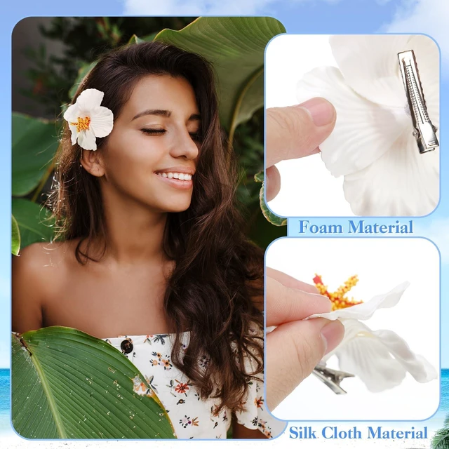 Alt view image 3 of 7 - 10 Pcs Hawaiian Flower Hair Clips for Women, Plumeria Hibiscus Hair Clips, Artificial Flower Clips 3.5 Inch Hair Accessories for Vacation Party Beach Seaside