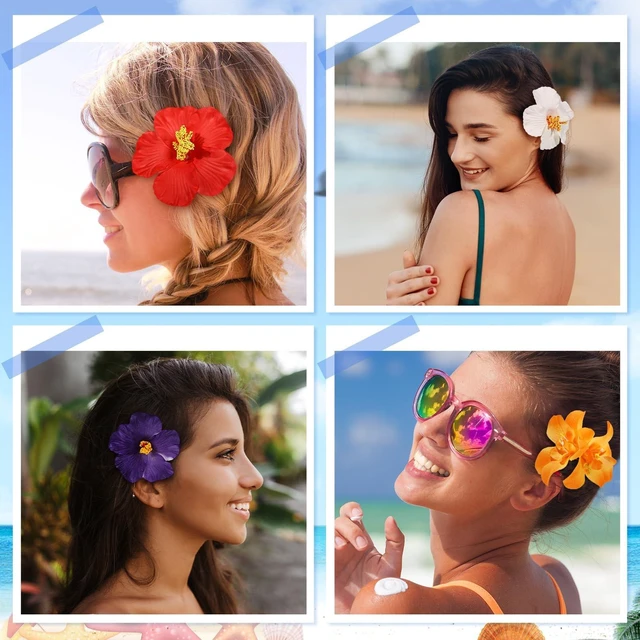 Alt view image 6 of 7 - 10 Pcs Hawaiian Flower Hair Clips for Women, Plumeria Hibiscus Hair Clips, Artificial Flower Clips 3.5 Inch Hair Accessories for Vacation Party Beach Seaside