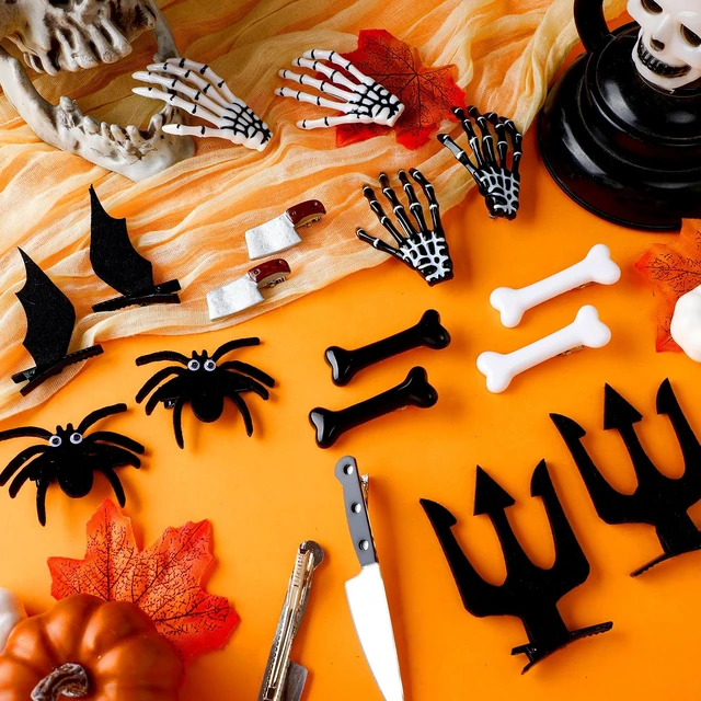Alt view image 2 of 5 - 18 Pcs Halloween Hair Clips Spooky Gothic Hair Accessories for Women | Skeleton Hand Hairpins, Bone Knife Bat Wing Spider Barrettes Alligator Emo Hair Clips for Punk Cosplay Halloween Accessories