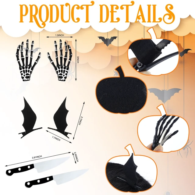 Alt view image 3 of 5 - 18 Pcs Halloween Hair Clips Spooky Gothic Hair Accessories for Women | Skeleton Hand Hairpins, Bone Knife Bat Wing Spider Barrettes Alligator Emo Hair Clips for Punk Cosplay Halloween Accessories