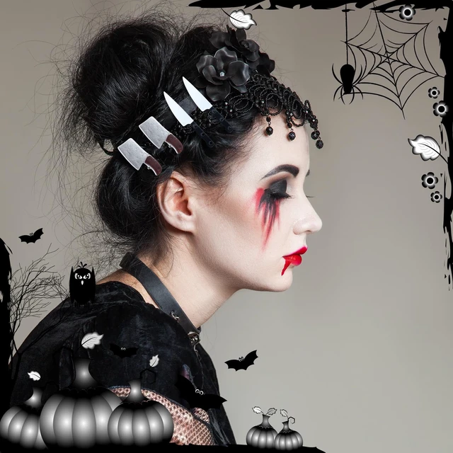 Alt view image 5 of 5 - 18 Pcs Halloween Hair Clips Spooky Gothic Hair Accessories for Women | Skeleton Hand Hairpins, Bone Knife Bat Wing Spider Barrettes Alligator Emo Hair Clips for Punk Cosplay Halloween Accessories