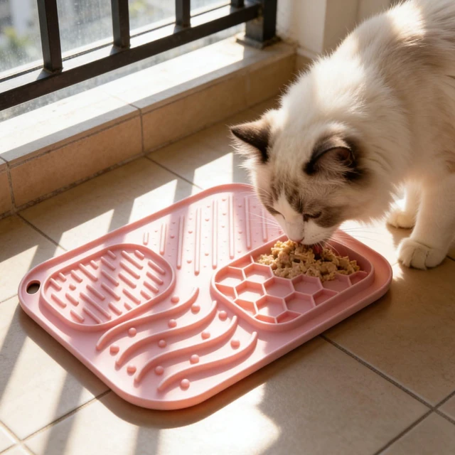 Alt view image 6 of 7 - Lick Mat for Cat & Puppy, Premium Silicone SlowFeeder Bowl, BPAFree, FoodGrade, SuctionCup Design for Dry & Wet Food Anxiety & Boredom Relief, Dishwasher & Freezer Safe, Pink
