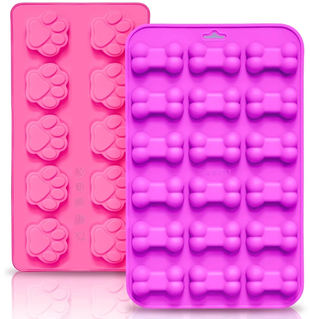 Main image of Reusable Silicone Molds with Puppy Dog Paw and Bone Shaped, Flexible & Non-Stick Ice Cube Tray, Candy and Chocolate Making Mold for Homemade Baking Dog Treats, Jelly, Biscuit & Cupcake (2 Pack)