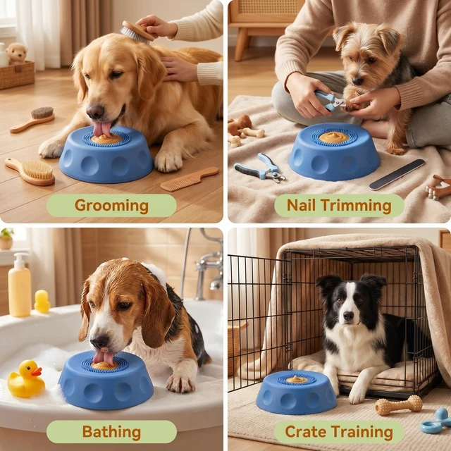 Alt view image 4 of 7 - Dog Slow Feeder Bowl, Silicone Lick Mat with Suction Cups for Peanut Butter Yogurt, Interactive Lick Pad Anxiety Relief for Small Medium Large Dogs, Blue