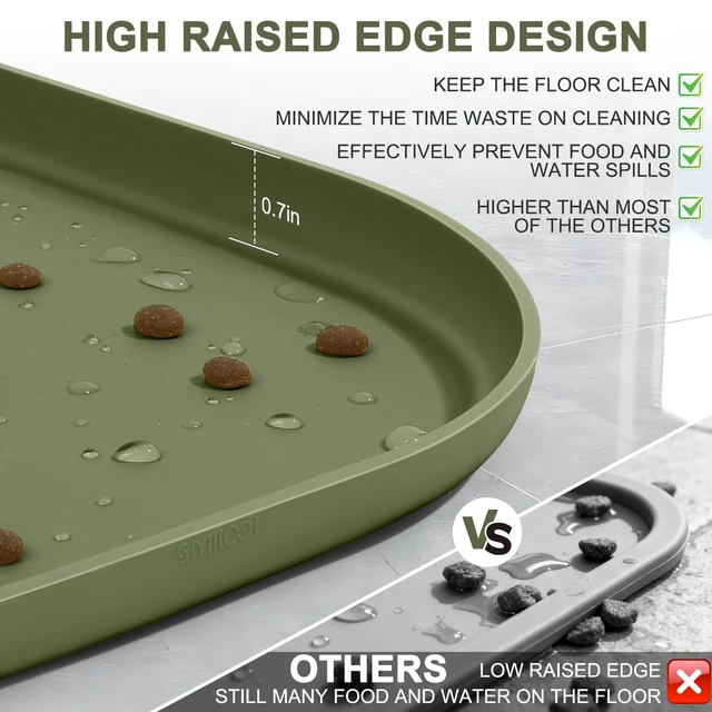 Alt view image 4 of 7 - Waterproof Silicone Pet Food Mat with Raised Edge for Dog & Cat | 12" x 12" Non-Slip Small Pet Feeding Mats with Lip for Food & Water Bowl, Food Grade, Easy Cleaning, Light Olive Green