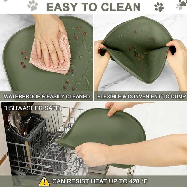 Alt view image 6 of 7 - Waterproof Silicone Pet Food Mat with Raised Edge for Dog & Cat | 12" x 12" Non-Slip Small Pet Feeding Mats with Lip for Food & Water Bowl, Food Grade, Easy Cleaning, Light Olive Green