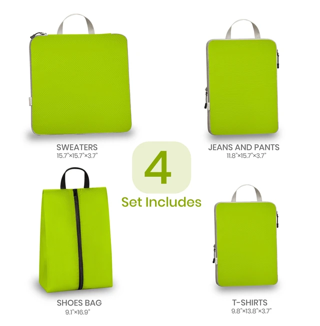 Alt view image 2 of 7 - 4 Set Compression Packing Cubes for Travel Expandable Packing Organizer Bag | Water-Resistant Suitcase Bags with Shoe Bag, Ultralight Storage Travel Bags for Carry-on Luggage, M L XL Sizes, Green