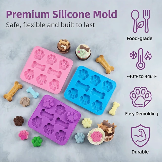 Alt view image 2 of 7 - Silicone Dog Treat Molds, Paw Print and Bone Shapes, Food-Grade BPA-Free, Non-Stick, Dishwasher Safe, for Chocolate, Candy, Jelly, Baking, 3 Pack