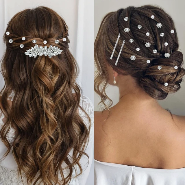 Alt view image 3 of 6 - 40 Pieces Rhinesetones Hair Clips, Include 4 Piece Crystal Hair Pins and 36 Pieces Spiral Hair Gems, Swirl Diamond Pearl Hairpins Flower Sparkling Hair Accessories for Wedding,brides, Party, Prom