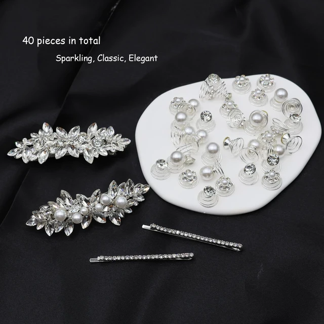 Alt view image 4 of 6 - 40 Pieces Rhinesetones Hair Clips, Include 4 Piece Crystal Hair Pins and 36 Pieces Spiral Hair Gems, Swirl Diamond Pearl Hairpins Flower Sparkling Hair Accessories for Wedding,brides, Party, Prom