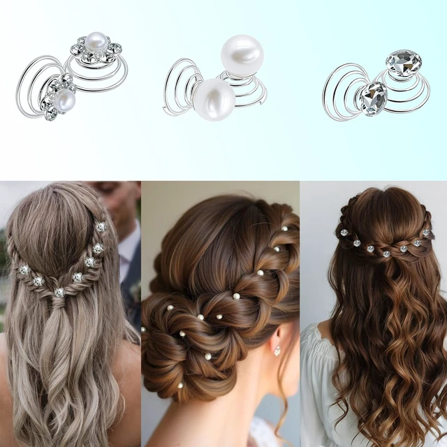 Alt view image 5 of 6 - 40 Pieces Rhinesetones Hair Clips, Include 4 Piece Crystal Hair Pins and 36 Pieces Spiral Hair Gems, Swirl Diamond Pearl Hairpins Flower Sparkling Hair Accessories for Wedding,brides, Party, Prom