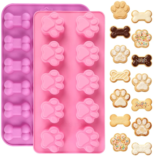Main image of Silicone Dog Treat Molds, 2 Pack Reusable Silicone Molds with Puppy Dog Paw and Bone Shaped Candy Chocolate Making Mold for Handmade Baking Dog Treats Jelly Biscuit Ice Cube Cake Cupcake Decorations