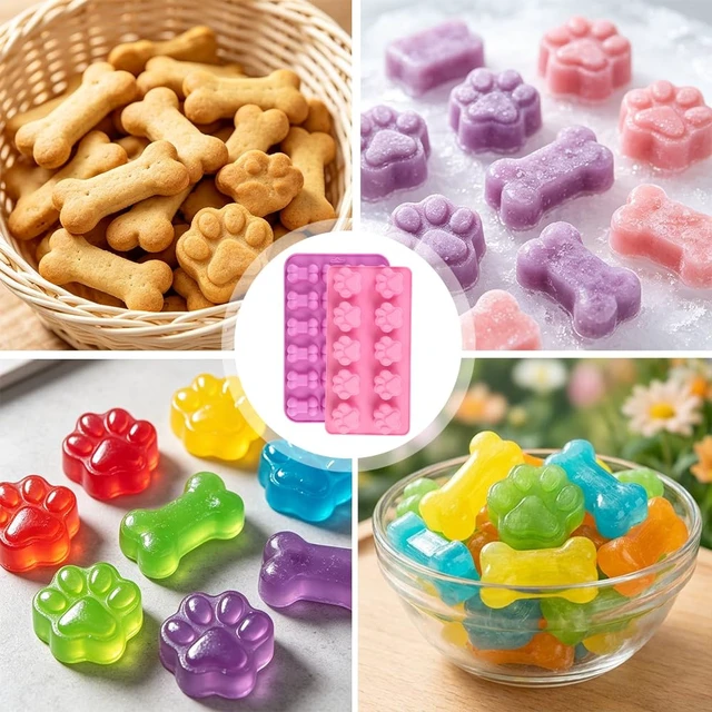 Alt view image 5 of 7 - Silicone Dog Treat Molds, 2 Pack Reusable Silicone Molds with Puppy Dog Paw and Bone Shaped Candy Chocolate Making Mold for Handmade Baking Dog Treats Jelly Biscuit Ice Cube Cake Cupcake Decorations