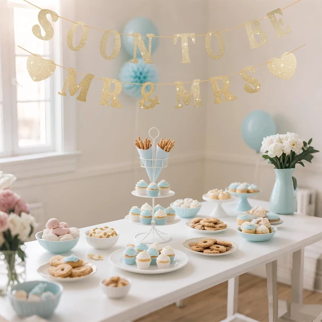 Alt view image 4 of 6 - Soon To Be Mr & Mrs Sign Banner For Bridal Shower Decorations, Pre-strung Gold Glitter Wedding Shower Decorations For Home Party, Engagement Banner For Bachelorette Couples Shower