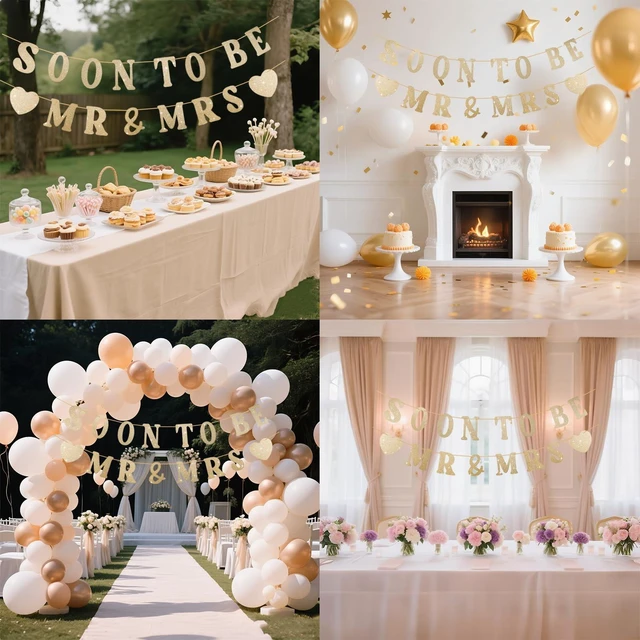 Alt view image 5 of 6 - Soon To Be Mr & Mrs Sign Banner For Bridal Shower Decorations, Pre-strung Gold Glitter Wedding Shower Decorations For Home Party, Engagement Banner For Bachelorette Couples Shower