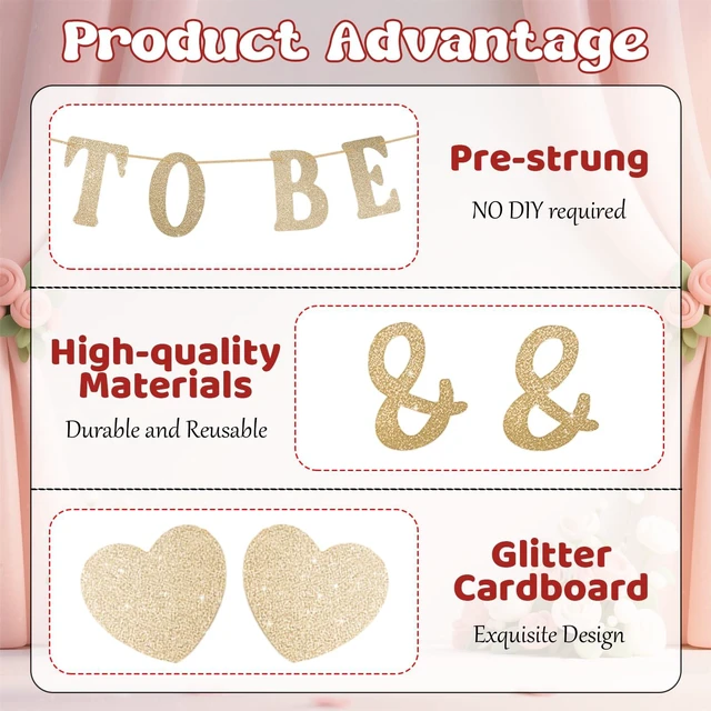 Alt view image 3 of 6 - Soon To Be Mr & Mrs Sign Banner For Bridal Shower Decorations, Pre-strung Gold Glitter Wedding Shower Decorations For Home Party, Engagement Banner For Bachelorette Couples Shower