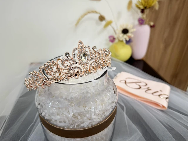 Alt view image 2 of 6 - 3 Pcs Bachelorette Party Decorations Bridal Shower Crown, Bride to Be Sash&Veil for Women Bachelorette Party Gifts, Bachelorette Party Supplies, Gifts, Favors (Rose Gold)