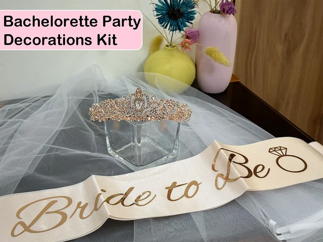 Alt view image 4 of 6 - 3 Pcs Bachelorette Party Decorations Bridal Shower Crown, Bride to Be Sash&Veil for Women Bachelorette Party Gifts, Bachelorette Party Supplies, Gifts, Favors (Rose Gold)