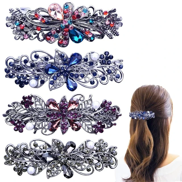 Main image of 4 PCS Hair Barrettes for Women Ladies, Flower Crystal Rhinestones Barrette Pearl Spring Hair Clip Accessories Women Fashion Ponytail Holders Barrette for Daily Wear Mothers Day present