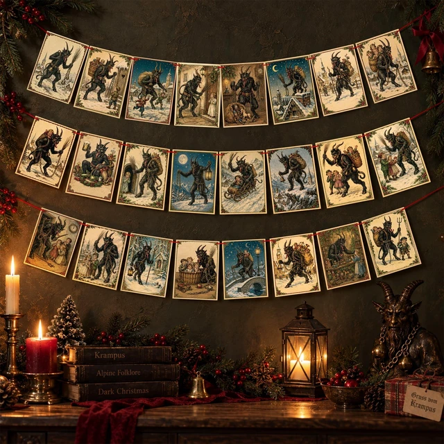 Main image of 24Pcs Krampus Postcard Garland Banner, Double-Sided Gothic Christmas Banner | Cardstock Krampus Hanging Banner with 32.8ft Red Rope for Xmas Party Mantel Wall Decorations, Gothic Holiday Banner